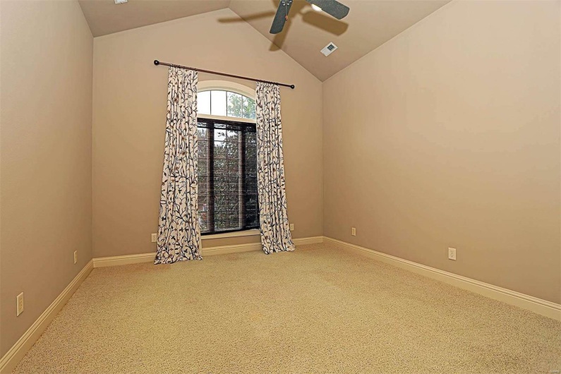 Carpeted spare room with lofted ceiling and ceiling fan