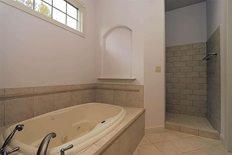 Bathroom with shower with separate bathtub and tile patterned flooring