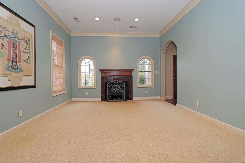 Unfurnished living room featuring light carpet and crown molding