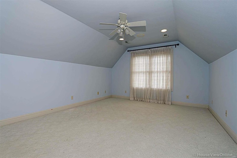 Bonus room with ceiling fan, lofted ceiling, and light colored carpet
