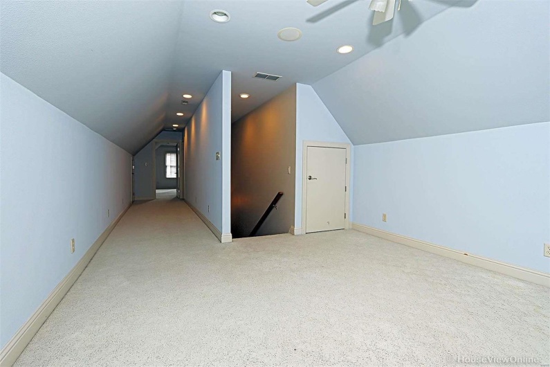 Additional living space featuring lofted ceiling, light colored carpet, and ceiling fan