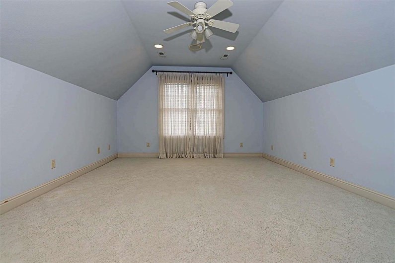 Additional living space featuring light carpet, lofted ceiling, and ceiling fan