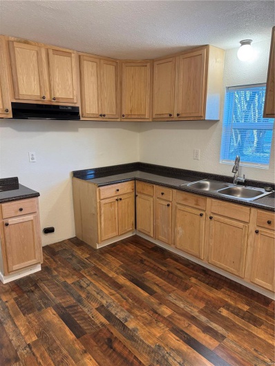 Kitchen with a sink, a textured ceiling, dark countertops, dark wood-style floors, and ventilation hood