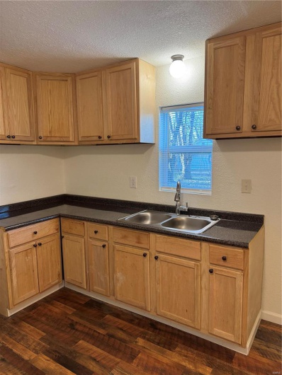 Kitchen featuring dark countertops, dark wood-style floors, a textured ceiling, and a sink