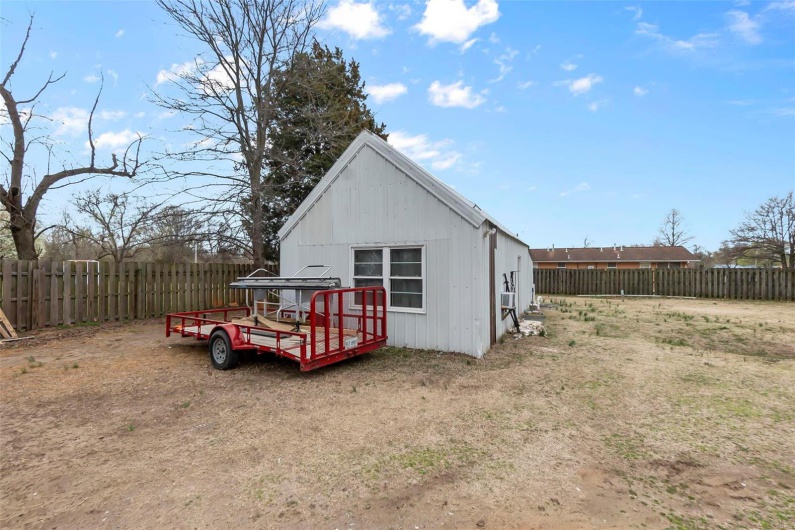 View of outbuilding with a fenced backyard