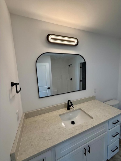 Bathroom with toilet, vanity, and a shower