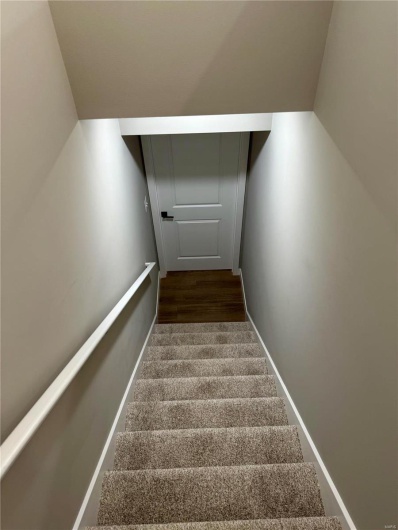 Stairs with baseboards and carpet floors