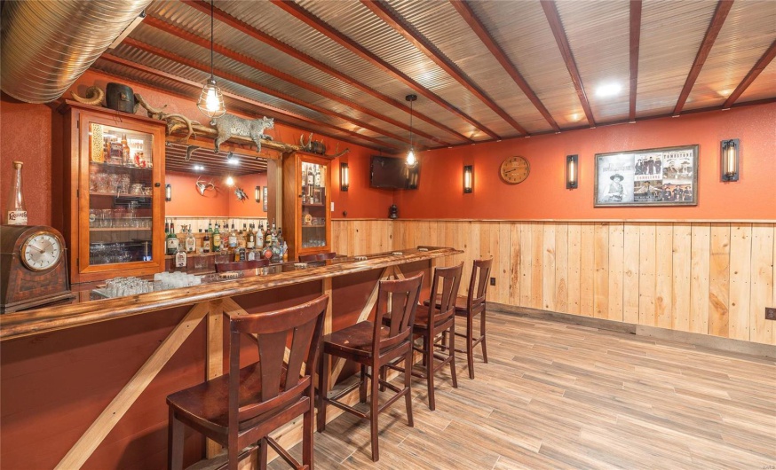 Bar featuring indoor wet bar, light wood-style floors, a wainscoted wall, and wood walls