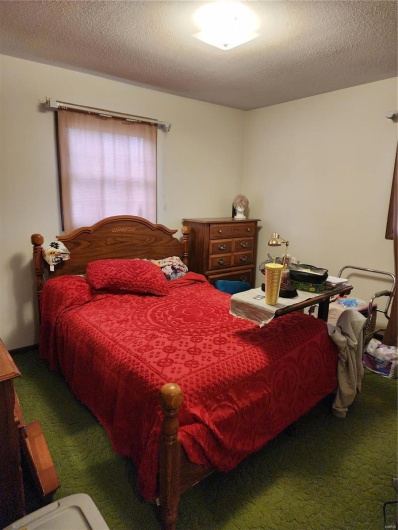 Carpeted bedroom featuring a textured ceiling