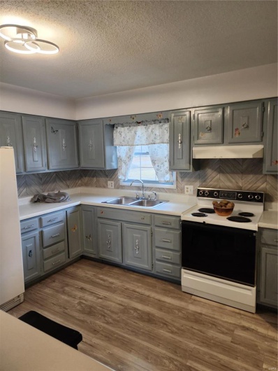 Kitchen featuring sink, fridge, gray cabinets, stove, and exhaust hood