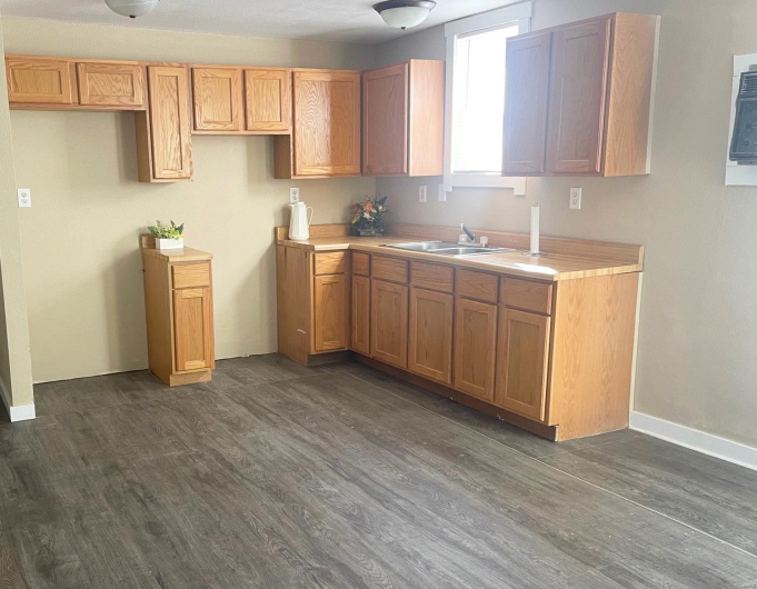 Kitchen with baseboards, dark wood-type flooring, light countertops, and a sink