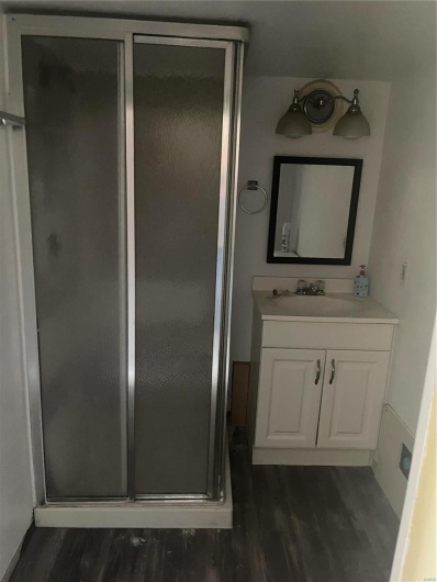 Bathroom with wood finished floors, a stall shower, and vanity