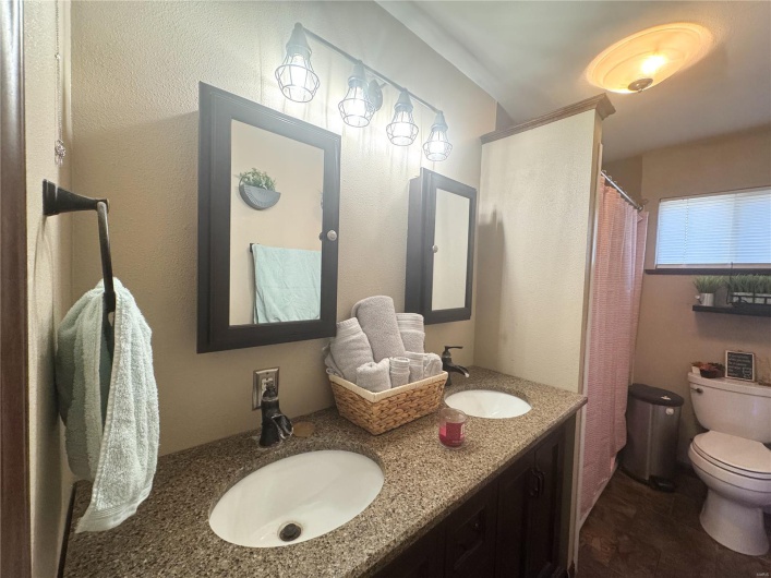 Bathroom featuring toilet, a sink, and double vanity