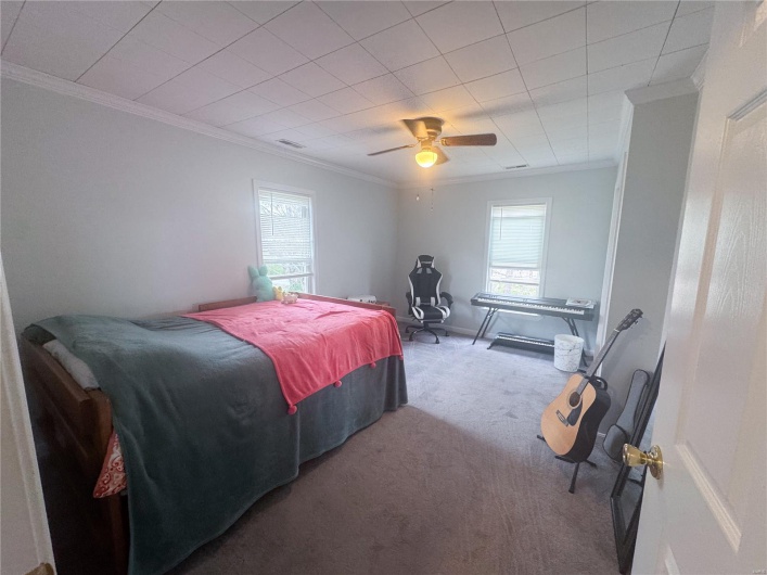 Bedroom with ornamental molding, carpet, and multiple windows