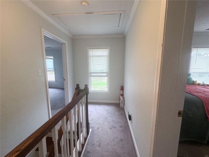 Hall with attic access, baseboards, ornamental molding, and carpet