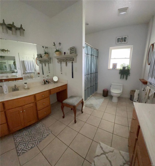 Full bathroom featuring a shower with curtain, vanity, vaulted ceiling, toilet, and tile patterned floors