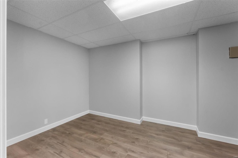 Basement with hardwood / wood-style floors and a paneled ceiling