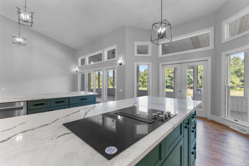 Kitchen with black electric cooktop, light stone counters, wood-type flooring, decorative light fixtures, and dishwasher