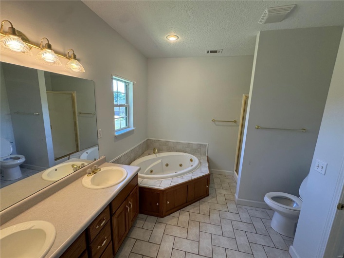 Full bathroom featuring a shower stall, visible vents, toilet, and a sink