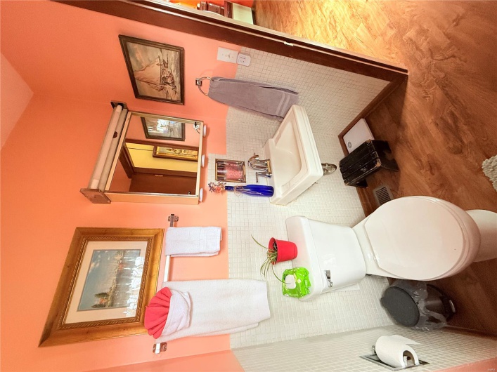 Bathroom with a wainscoted wall, wood finished floors, and a sink