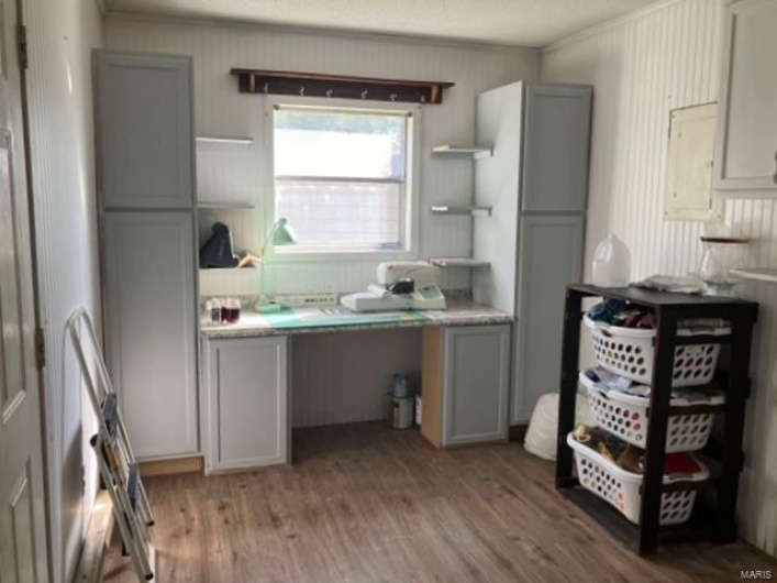 Kitchen featuring light wood-type flooring and gray cabinets