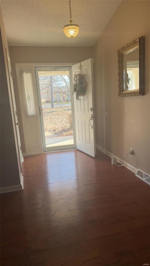 Entrance foyer featuring dark wood-style floors, visible vents, a textured ceiling, and baseboards
