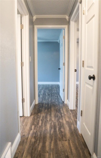 Hall featuring a textured ceiling, wood finished floors, ornamental molding, and visible vents