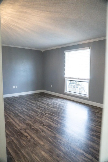 Empty room featuring crown molding, baseboards, a textured ceiling, and dark wood-style floors