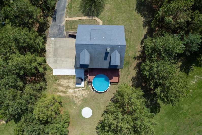 Aerial View of House Back, Large Driveway, Pool, Deck, & Hot Tub