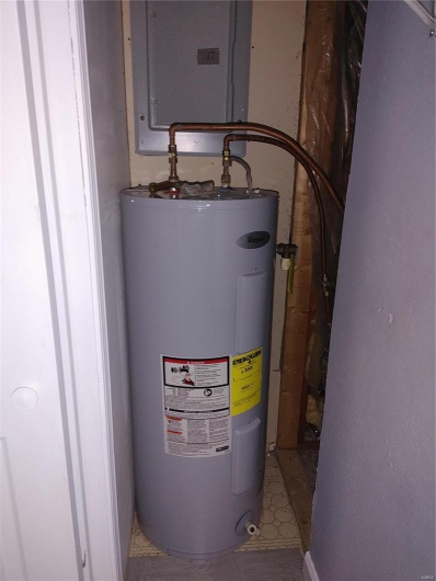 Utility room featuring electric panel and water heater