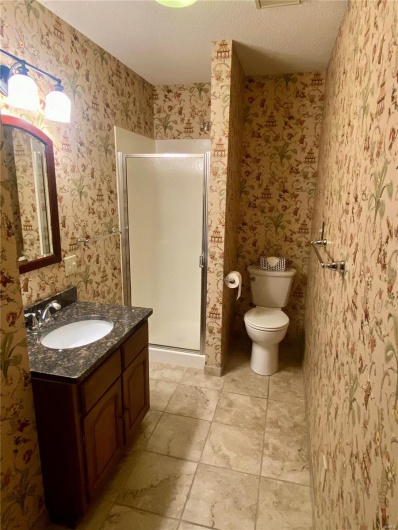 Bathroom with vanity, an enclosed shower, a textured ceiling, and toilet