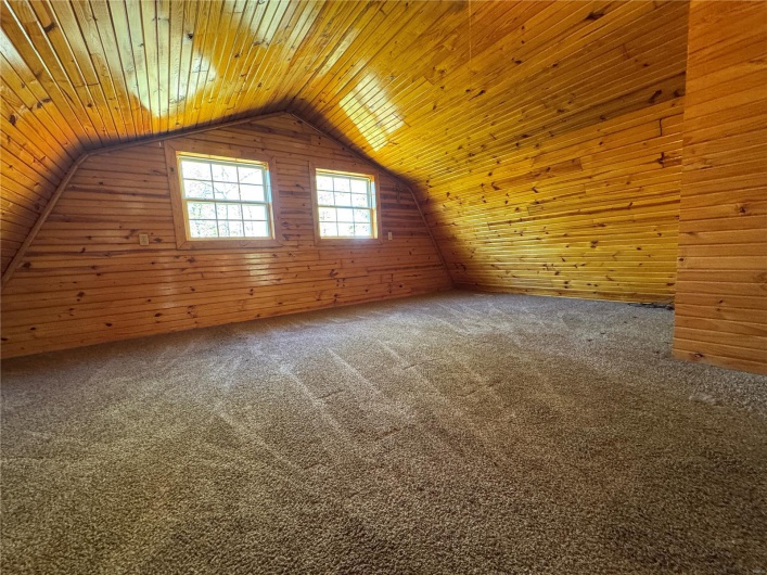 Additional living space featuring wooden walls, wooden ceiling, carpet flooring, and lofted ceiling
