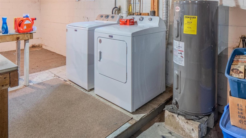 Clothes washing area with water heater, washing machine and dryer, and concrete block wall