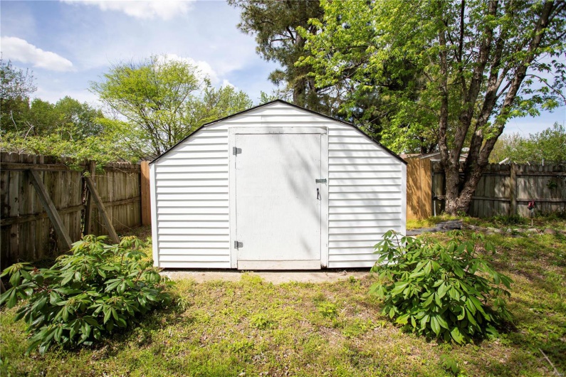 View of shed with a fenced backyard