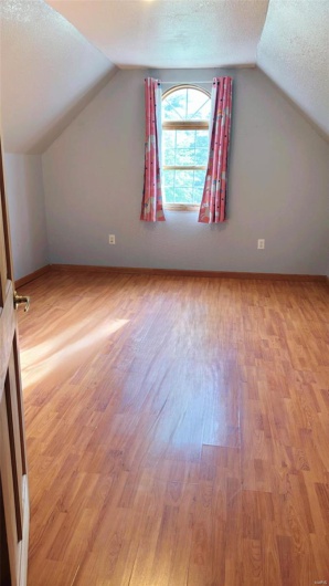 Bonus room featuring vaulted ceiling, light wood-type flooring, a textured ceiling, and baseboards