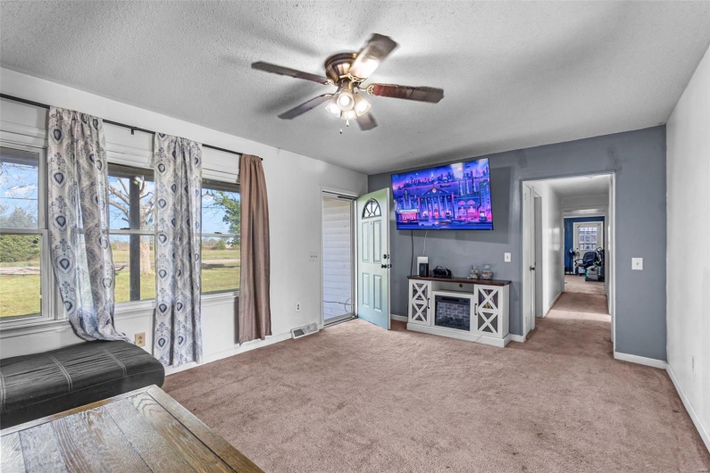 Carpeted living room featuring baseboards, a ceiling fan, visible vents, and a textured ceiling