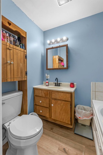 Bathroom with a tub to relax in, wood finished floors, toilet, and vanity