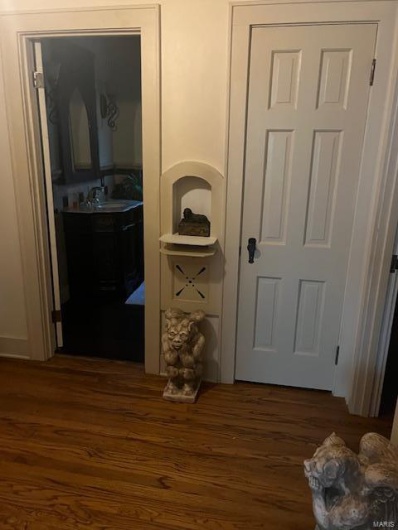 Corridor with sink and dark hardwood / wood-style flooring