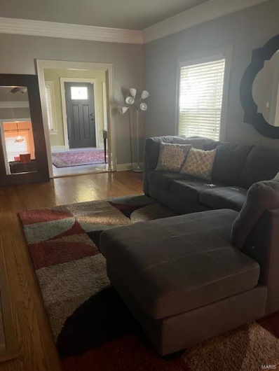 Living room with ornamental molding and hardwood / wood-style floors