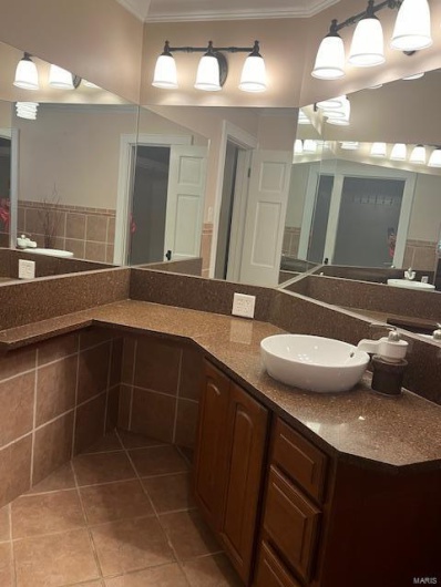 Bathroom with vanity, crown molding, and tile patterned flooring