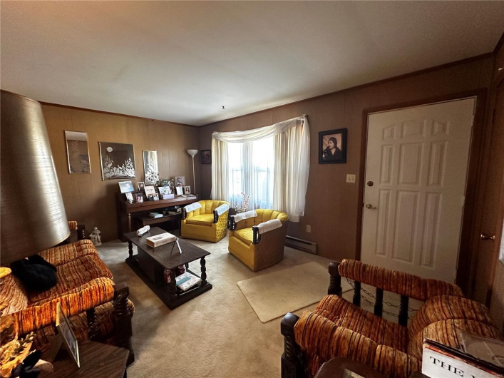 Living room featuring light colored carpet and baseboard heating