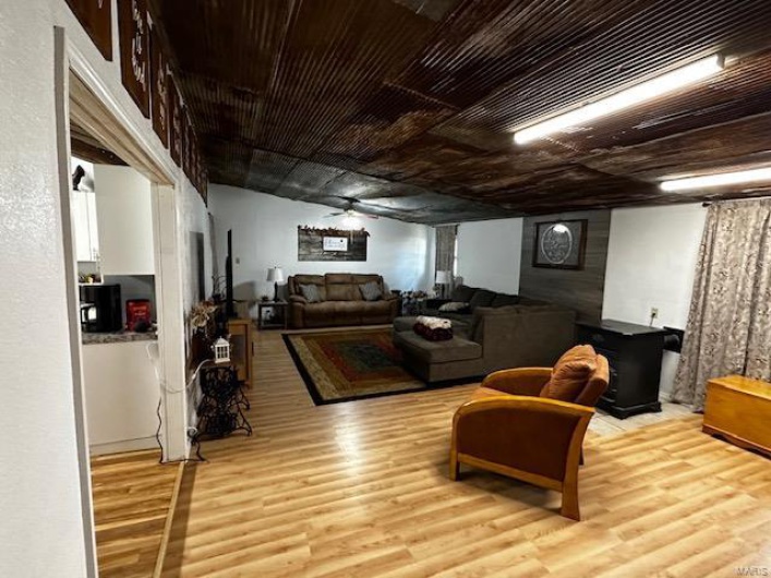 Living room featuring ceiling fan and light hardwood / wood-style floors