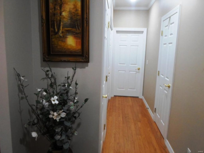 Hallway with light wood-type flooring, baseboards, and crown molding