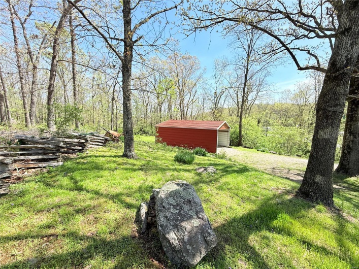 View of yard featuring driveway, an outbuilding, and a storage unit