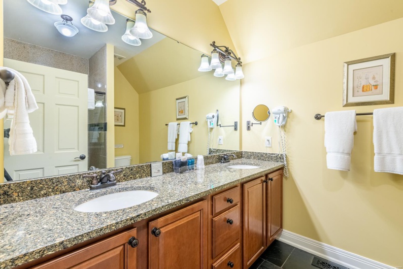 Bathroom featuring tile patterned flooring, vanity, vaulted ceiling, and toilet