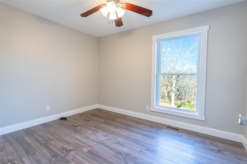 Empty room with ceiling fan, a healthy amount of sunlight, and  / wood-style flooring