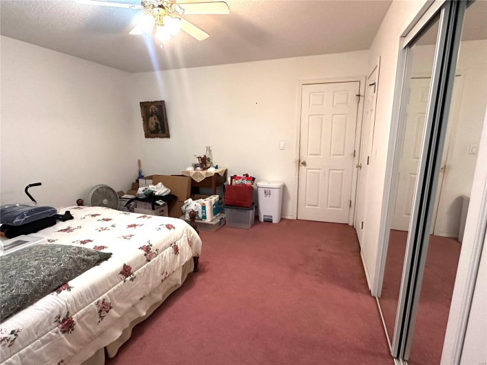 Carpeted bedroom with a closet and a ceiling fan