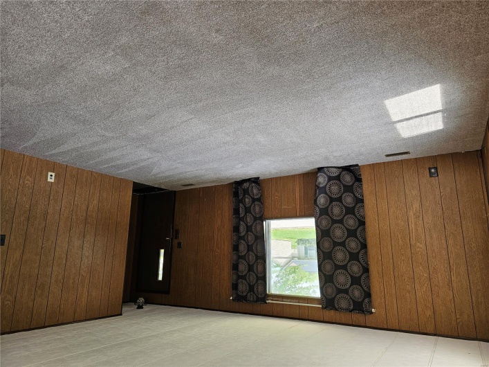 Carpeted spare room with wooden walls