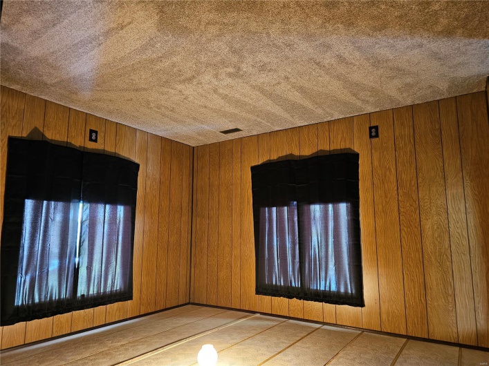 Unfurnished room featuring carpet floors, visible vents, and wooden walls
