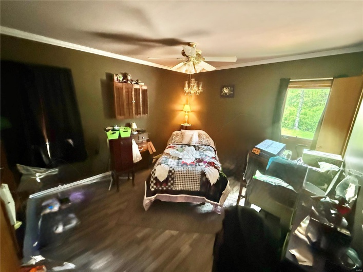 Bedroom with wood finished floors, ceiling fan, and ornamental molding